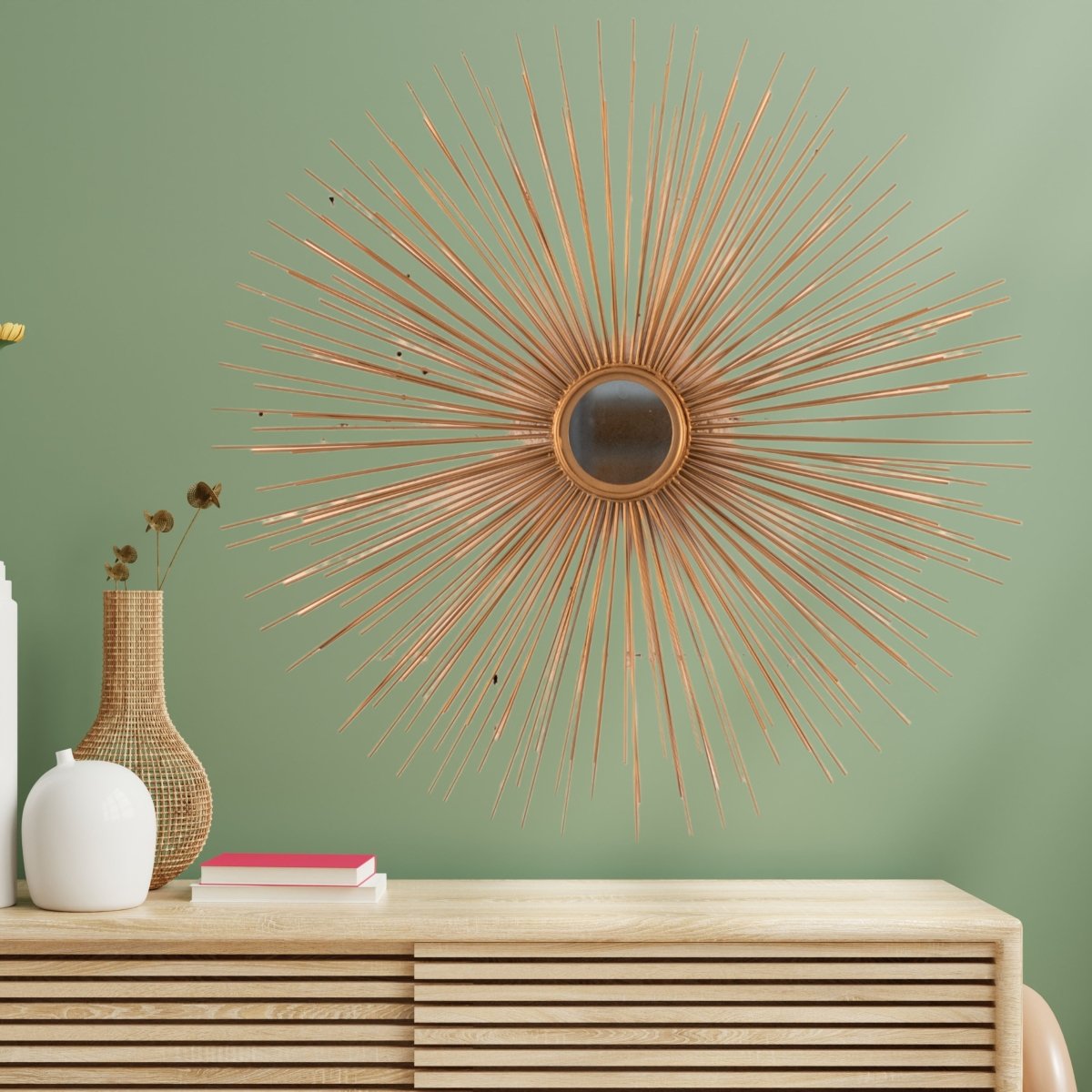 Kezevel Metal Wall Hanging Mirror - Round Matt Gold Handcarved Decorative Mirrors for Living Room, Wall Showpiece