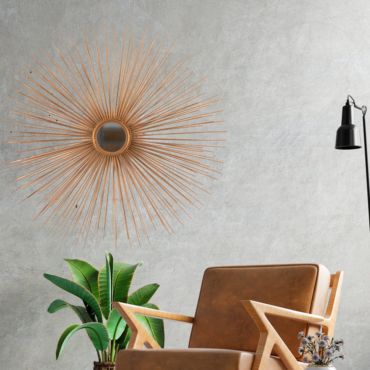 Kezevel Metal Wall Hanging Mirror - Round Matt Gold Handcarved Decorative Mirrors for Living Room, Wall Showpiece