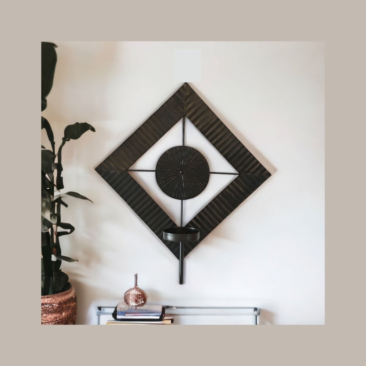 Kezevel Metal Wall Mounted Candle Holder - Diamond Shaped Antique Dark Brown Handcrafted Wall Hanging Candle Holders for Home Decor, Size 41X10X46 CMS - Kezevel