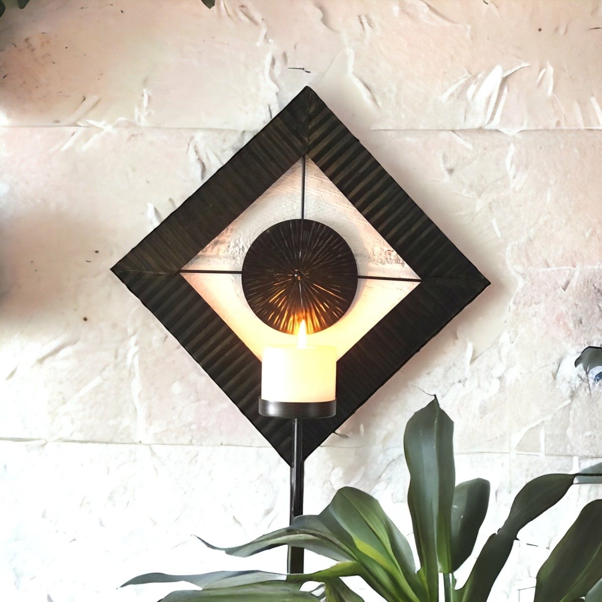 Kezevel Metal Wall Mounted Candle Holder - Diamond Shaped Antique Dark Brown Handcrafted Wall Hanging Candle Holders for Home Decor, Size 41X10X46 CMS - Kezevel