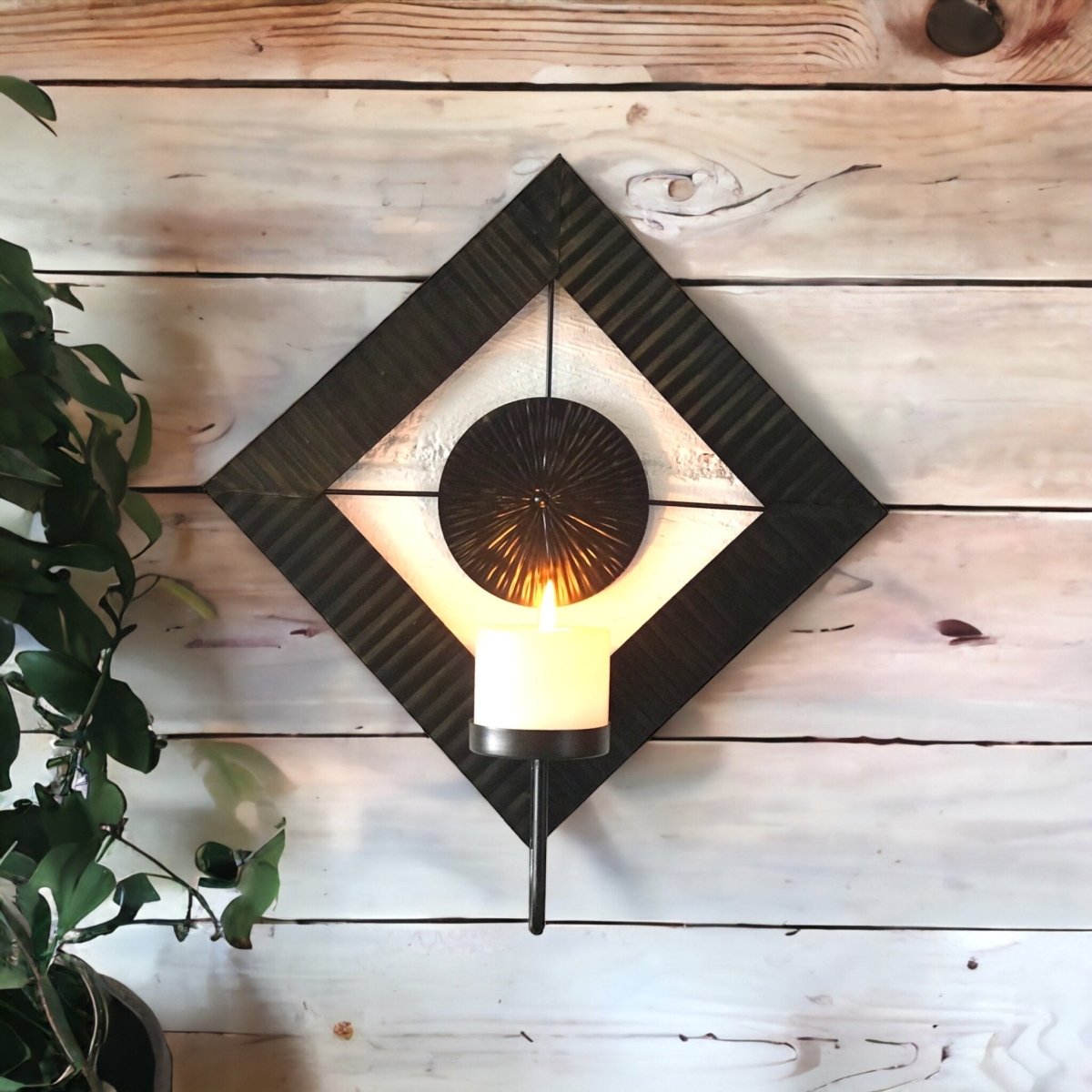 Kezevel Metal Wall Mounted Candle Holder - Diamond Shaped Antique Dark Brown Handcrafted Wall Hanging Candle Holders for Home Decor, Size 41X10X46 CMS - Kezevel