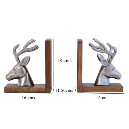 Kezevel Metal Wood Bookend Pair - Decorative Silver Deer Book Holder for Shelves with Wooden Base, Animal Book Stopper Decorative, Size 16X11.5X18 CM - Kezevel