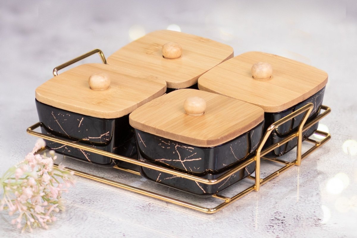 Kezevel Porcelain Square Bowl Black - Set of 4 with Golden Metal Tray Holder - Kezevel