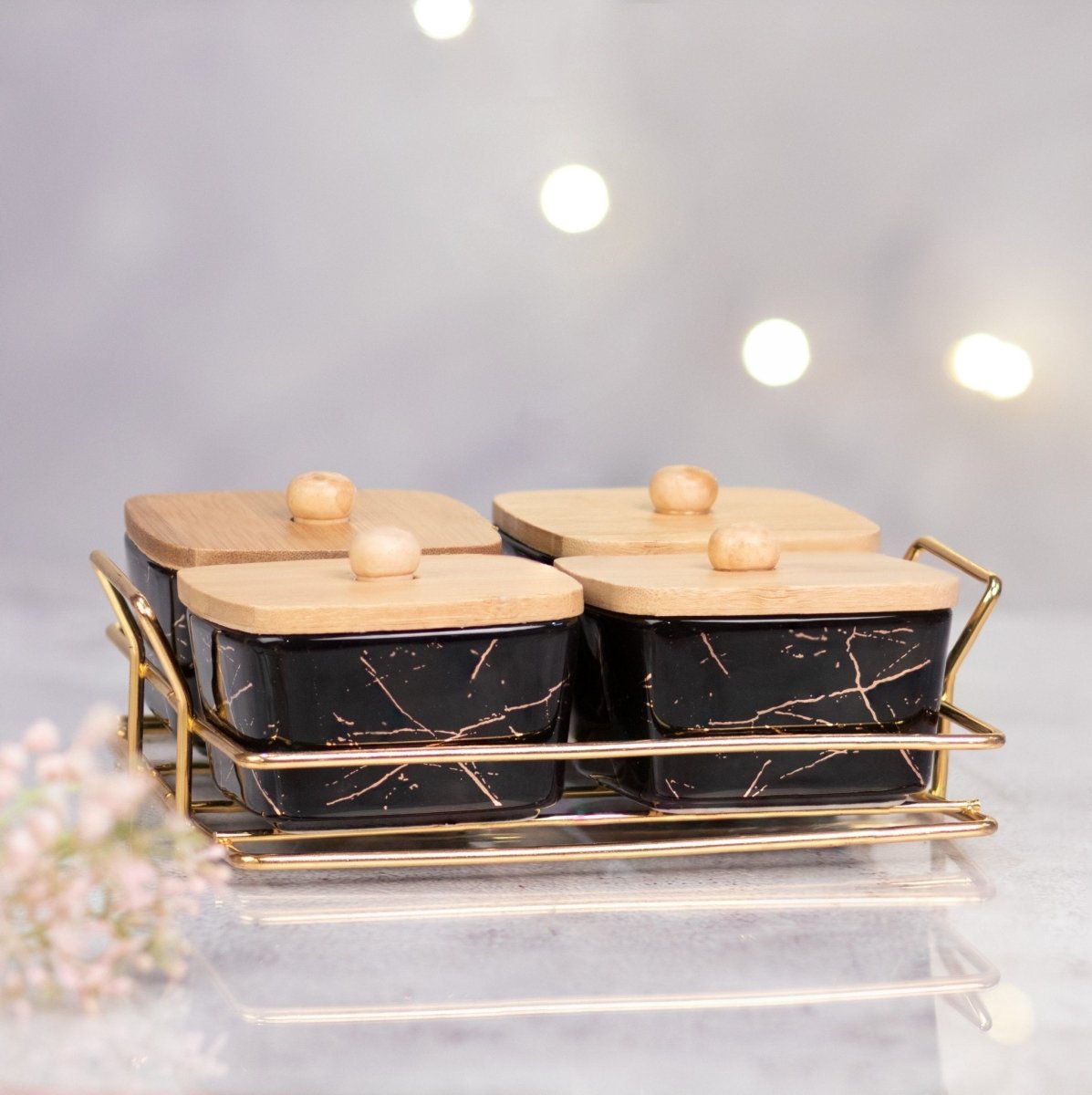 Kezevel Porcelain Square Bowl Black - Set of 4 with Golden Metal Tray Holder - Kezevel
