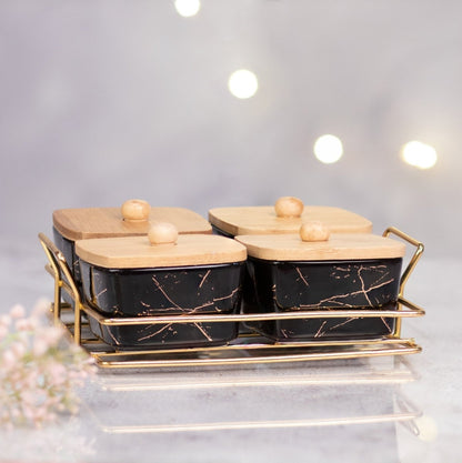 Kezevel Porcelain Square Bowl Black - Set of 4 with Golden Metal Tray Holder - Kezevel