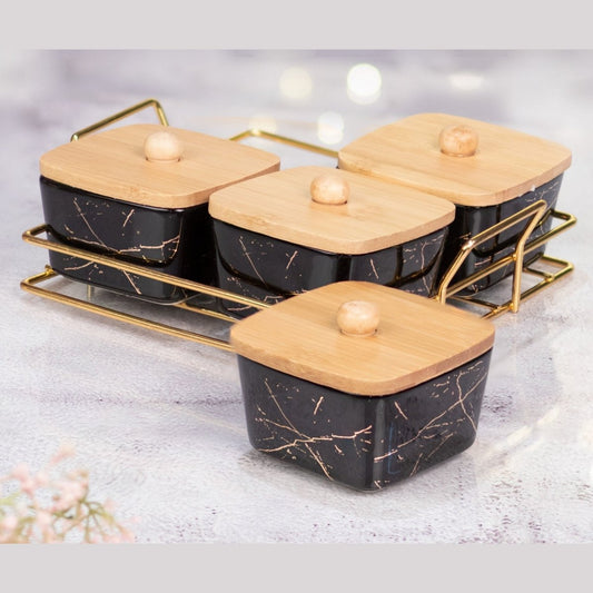 Kezevel Porcelain Square Bowl Black - Set of 4 with Golden Metal Tray Holder - Kezevel