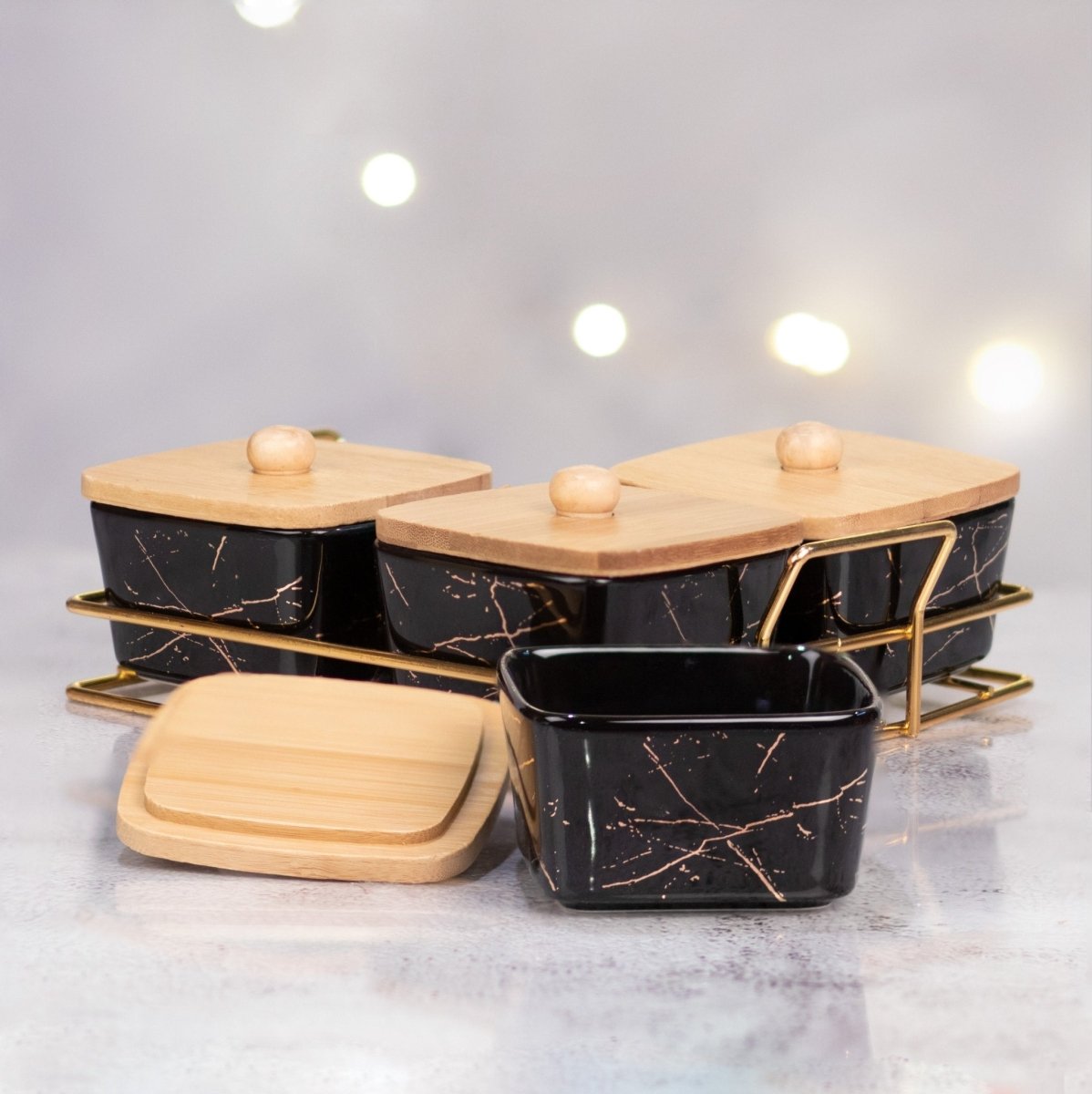 Kezevel Porcelain Square Bowl Black - Set of 4 with Golden Metal Tray Holder - Kezevel