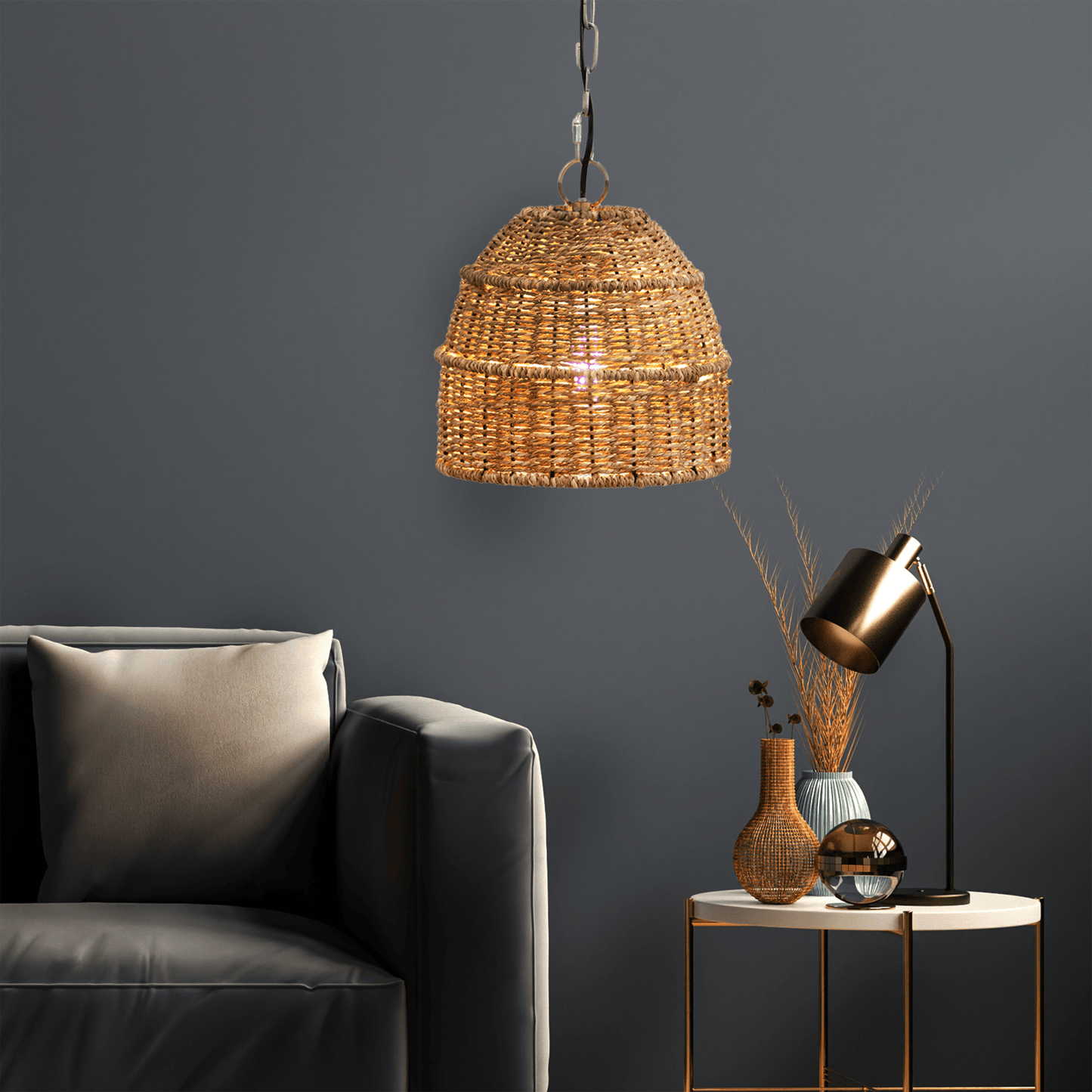 Kezevel Seagrass Weaved Hanging Light - Artistically Handcrafted Pendant Light for Living Room, Bedroom, Balcony and Foyer