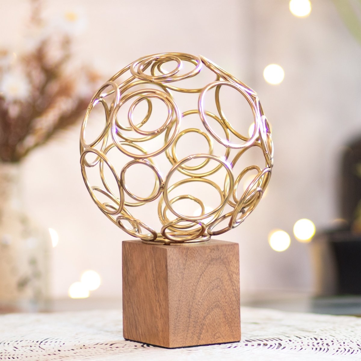 Kezevel Steel Ring Ball Showpiece - Handcrafted Golden Ring Ball Table Accent on Wooden Base, Metal Showpiece for Home Decor