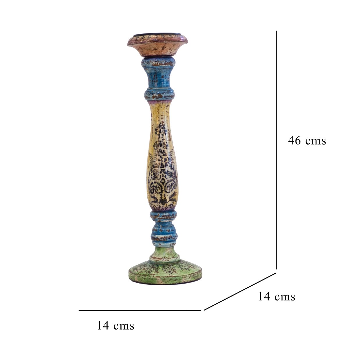 Kezevel Wooden Candle Stand - Antique Distressed Handcrafted Ivory Blue Green Candle Holders Home Decor, Pillar Candle Holder