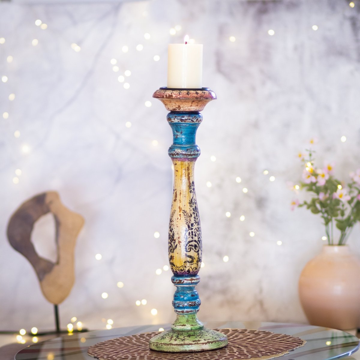 Kezevel Wooden Candle Stand - Antique Distressed Handcrafted Ivory Blue Green Candle Holders Home Decor, Pillar Candle Holder