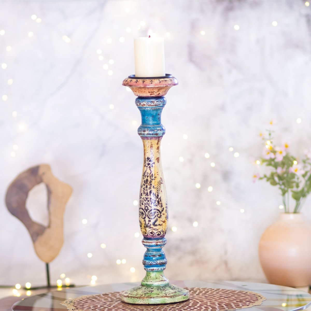Kezevel Wooden Candle Stand - Antique Distressed Handcrafted Ivory Blue Green Candle Holders Home Decor, Pillar Candle Holder
