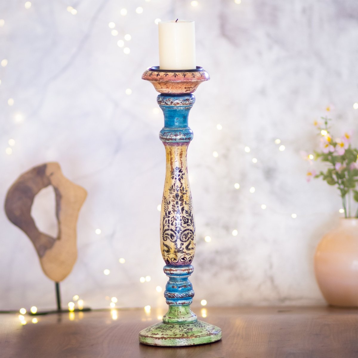 Kezevel Wooden Candle Stand - Antique Distressed Handcrafted Ivory Blue Green Candle Holders Home Decor, Pillar Candle Holder