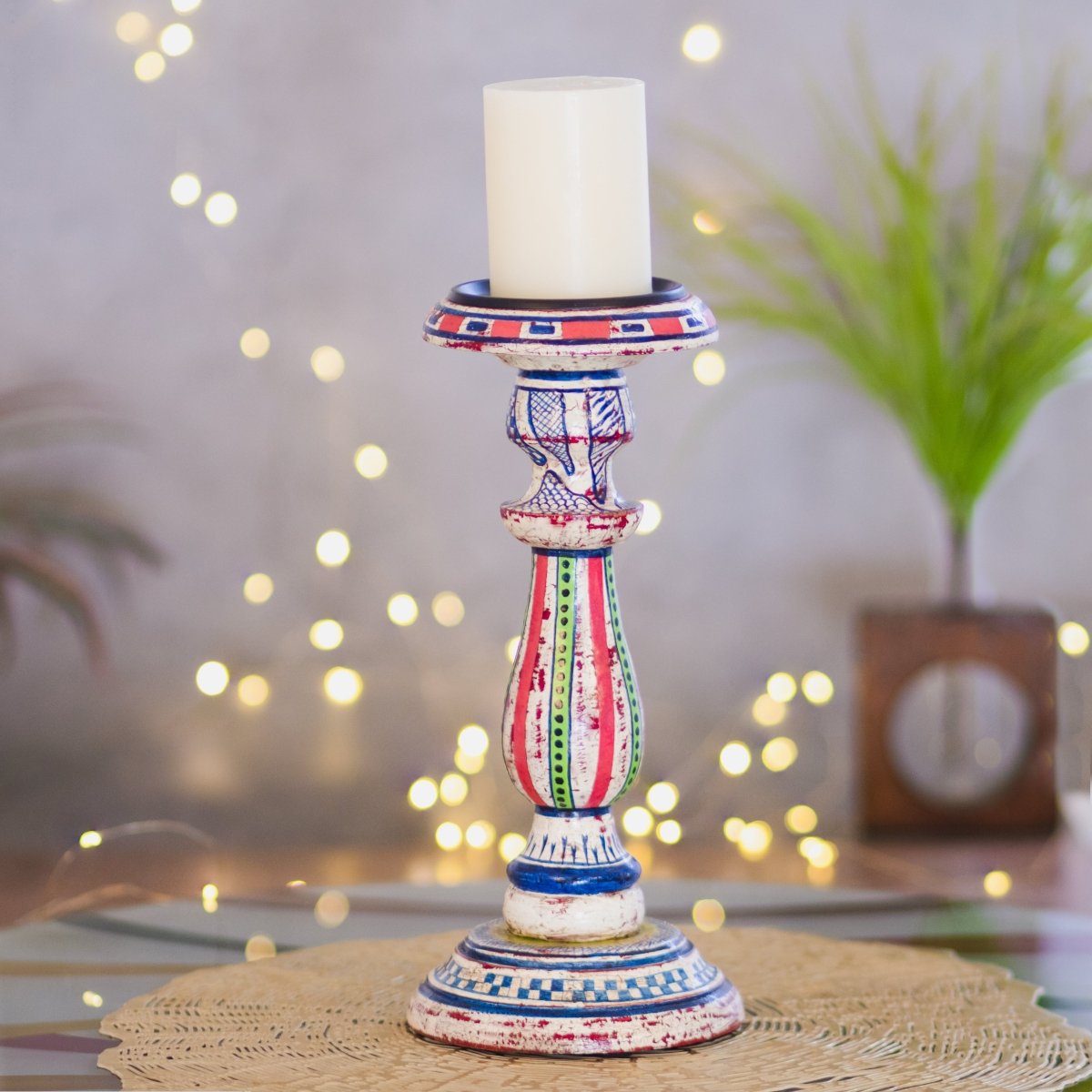 Kezevel Wooden Candle Stand - Antique Distressed Handcrafted Ivory Pink Blue Candle Holders Home Decor, Pillar Candle Holder