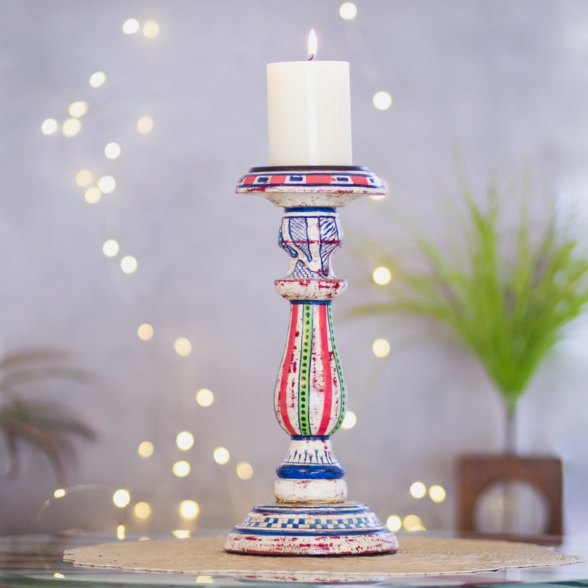 Kezevel Wooden Candle Stand - Antique Distressed Handcrafted Ivory Pink Blue Candle Holders Home Decor, Pillar Candle Holder