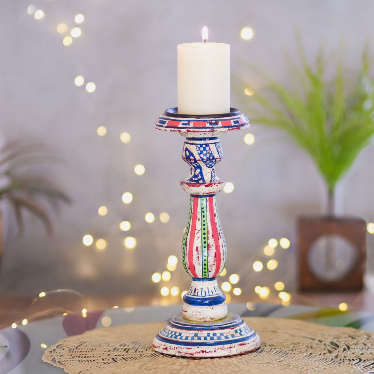 Kezevel Wooden Candle Stand - Antique Distressed Handcrafted Ivory Pink Blue Candle Holders Home Decor, Pillar Candle Holder