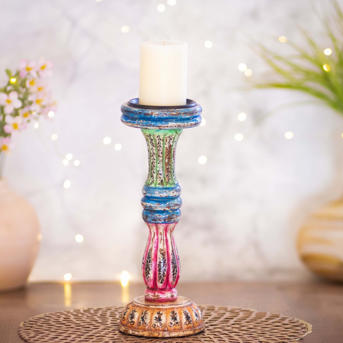 Kezevel Wooden Candle Stand - Antique Distressed Handcrafted Multicolour Candle Holders for Home Decor, Pillar Candle Holder