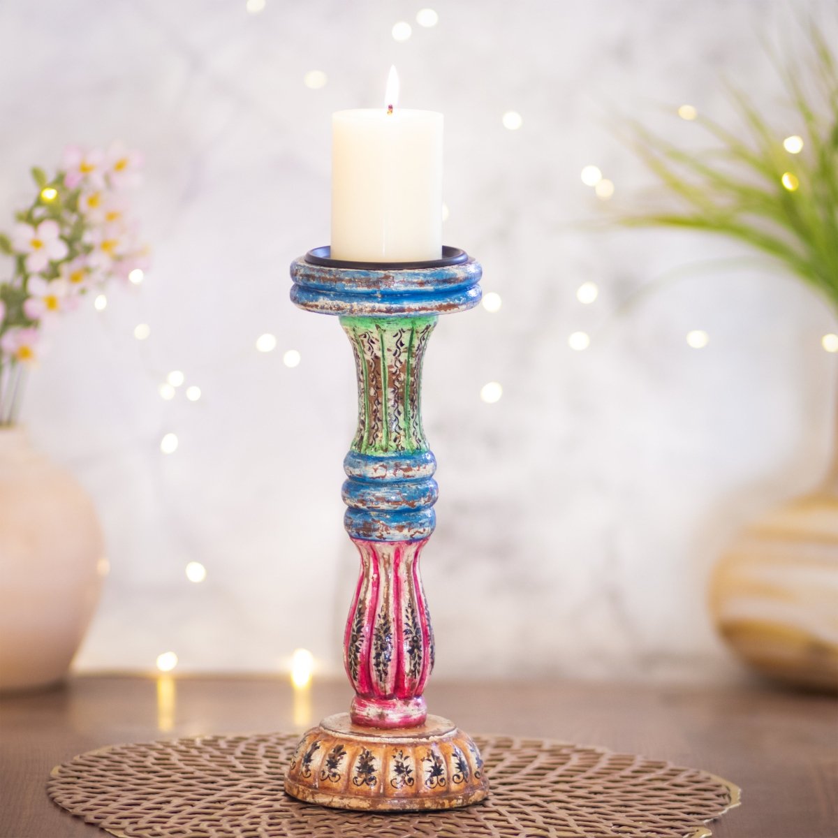 Kezevel Wooden Candle Stand - Antique Distressed Handcrafted Multicolour Candle Holders for Home Decor, Pillar Candle Holder