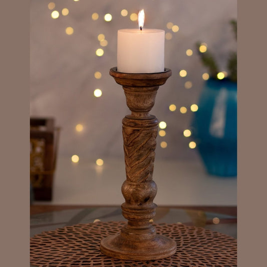 Kezevel Wooden Candle Stand - Artistic 12" H Antique Brown Mango Wood Candle Holders for Home Decoration , Room Decoration