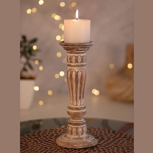 Kezevel Wooden Candle Stand - Artistic 12" H White and Brown Mango Wood Candle Holders for Home Decoration, Room Decoration