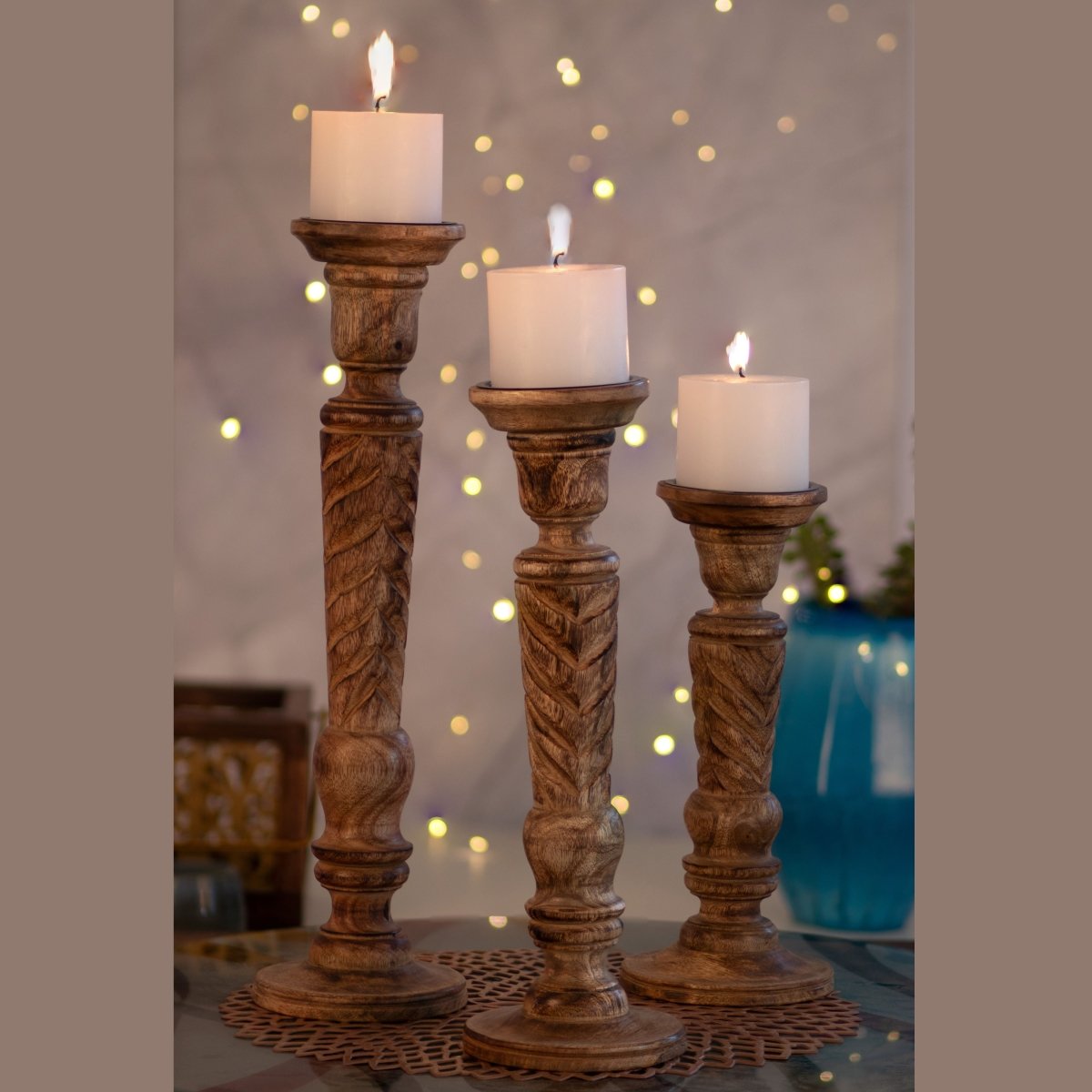 Kezevel Wooden Candle Stand - Artistic 15" H Antique Brown Mango Wood Candle Holders for Home Decoration , Room Decoration