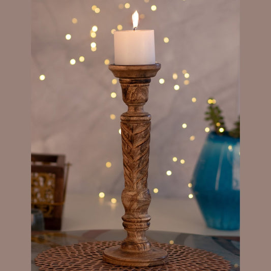 Kezevel Wooden Candle Stand - Artistic 15" H Antique Brown Mango Wood Candle Holders for Home Decoration , Room Decoration