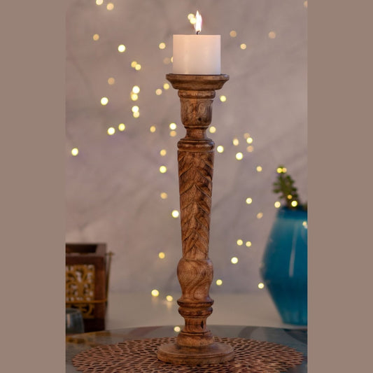 Kezevel Wooden Candle Stand - Artistic 18" H Antique Brown Mango Wood Candle Holders for Home Decoration , Room Decoration