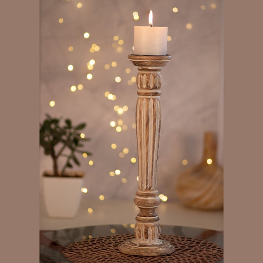 Kezevel Wooden Candle Stand - Artistic 18" H White and Brown Mango Wood Candle Holders for Home Decoration , Room Decoration