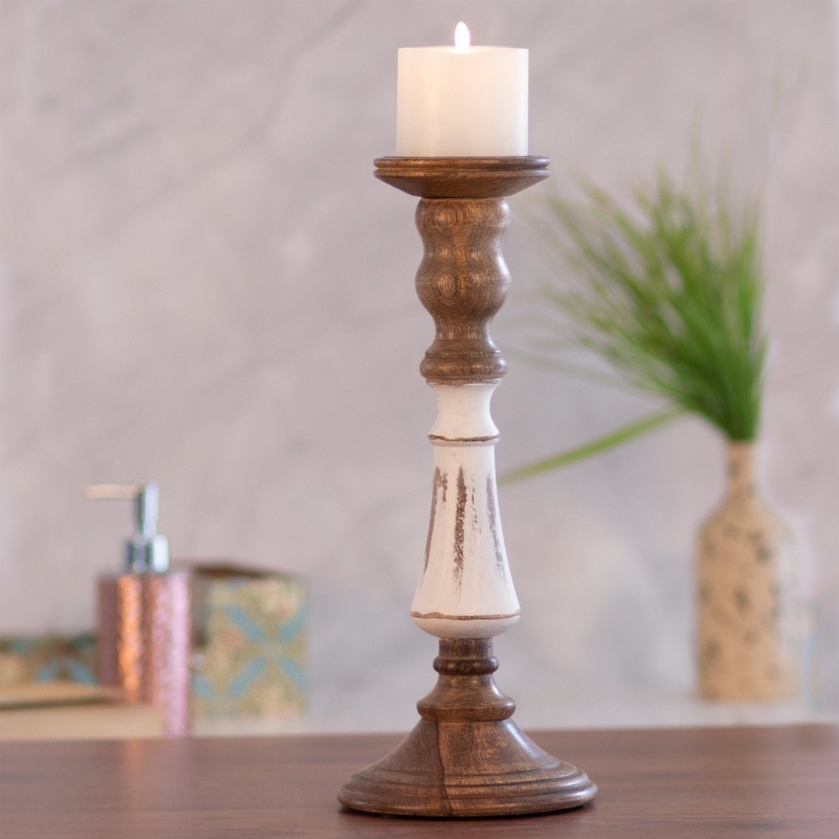 Kezevel Wooden Candle Stand - Artistic Vintage White & Brown Mango Wood  Candle Holders for Home Decoration, Pillar Candle Holder, Size 15X15X38 CM  - Kezevel