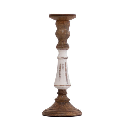 Kezevel Wooden Candle Stand - Vintage White & Brown Mango Wood Candle Holders for Home Decoration, Pillar Candle Holder