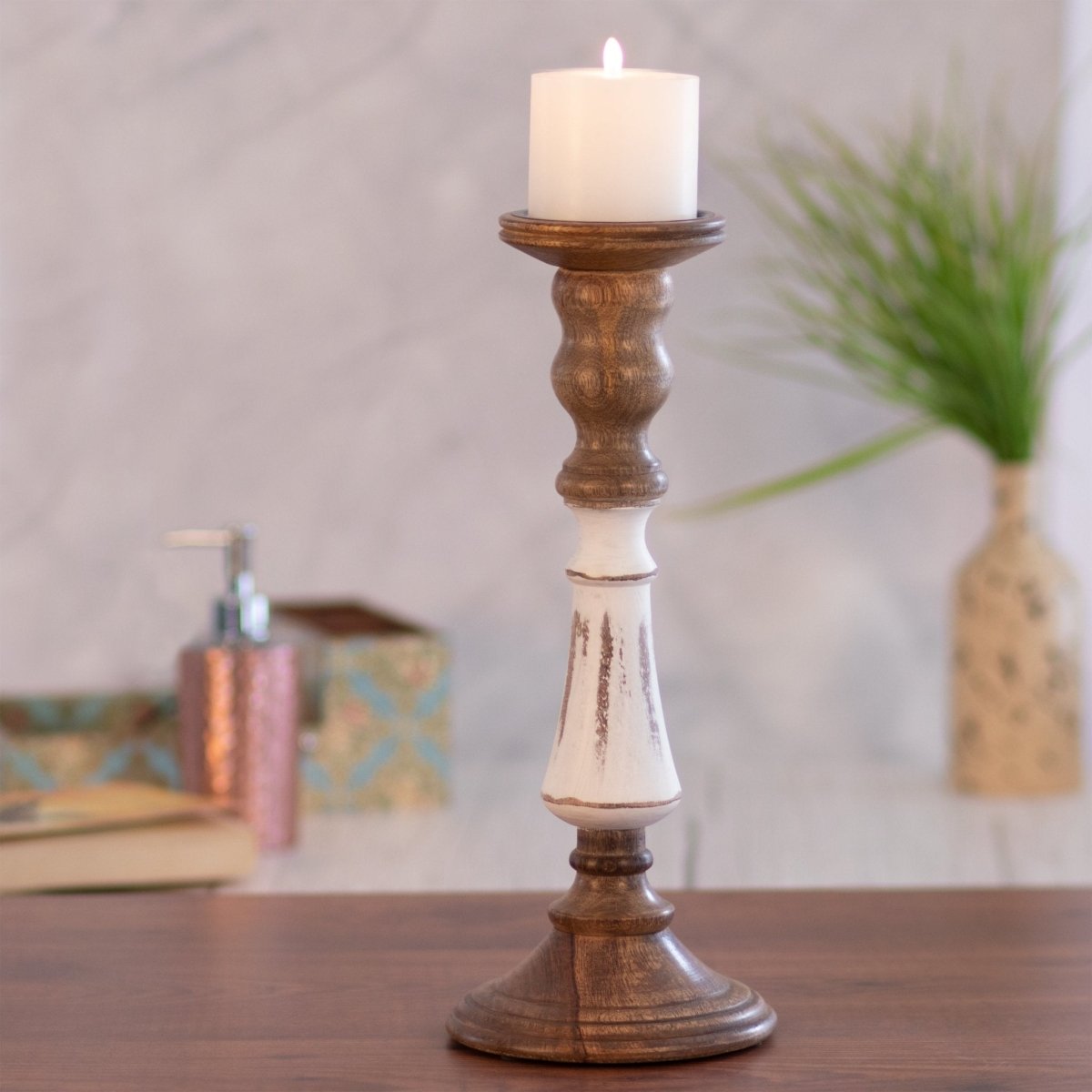 Kezevel Wooden Candle Stand - Vintage White & Brown Mango Wood Candle Holders for Home Decoration, Pillar Candle Holder