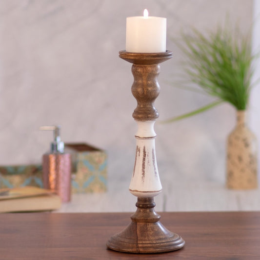 Kezevel Wooden Candle Stand - Vintage White & Brown Mango Wood Candle Holders for Home Decoration, Pillar Candle Holder