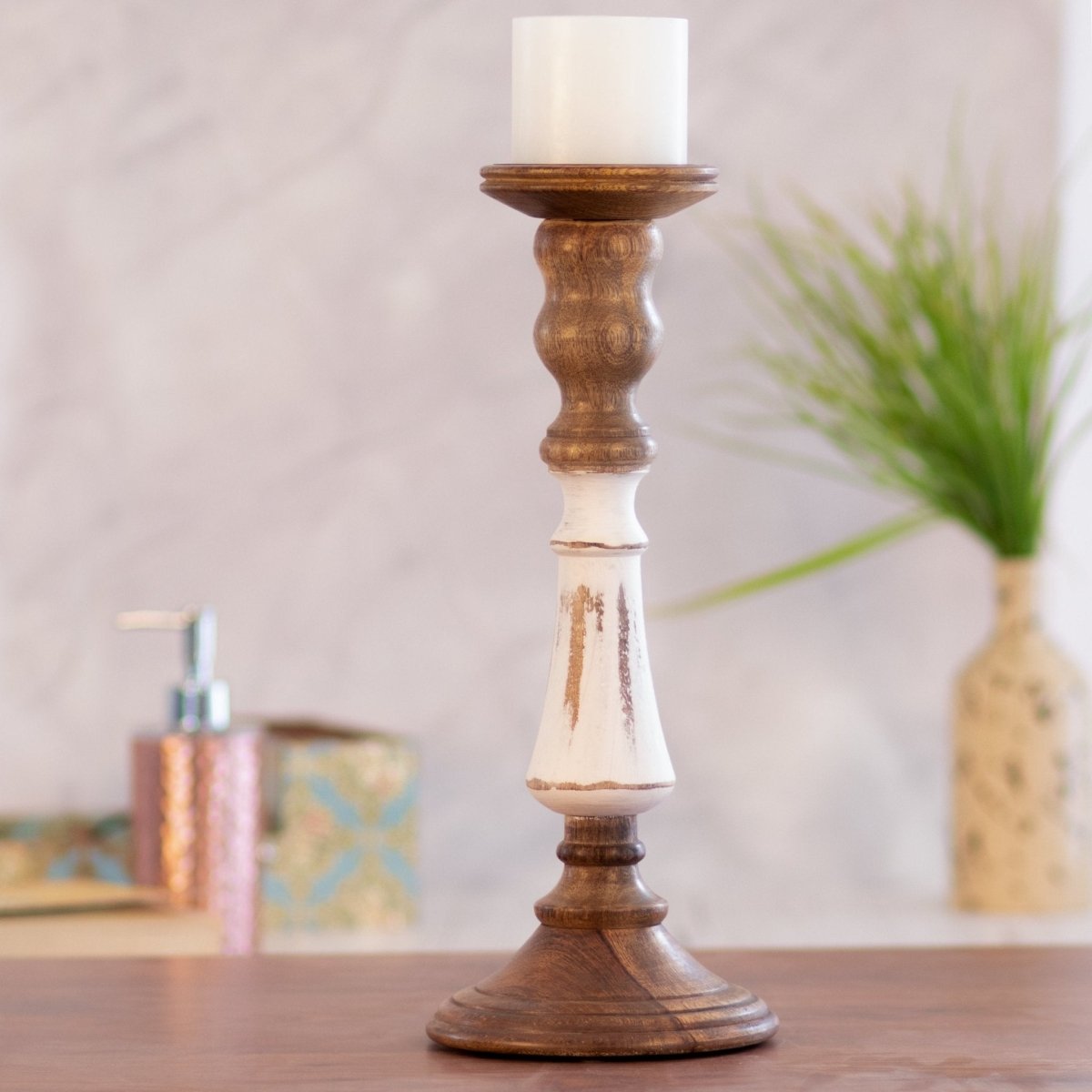Kezevel Wooden Candle Stand - Vintage White & Brown Mango Wood Candle Holders for Home Decoration, Pillar Candle Holder
