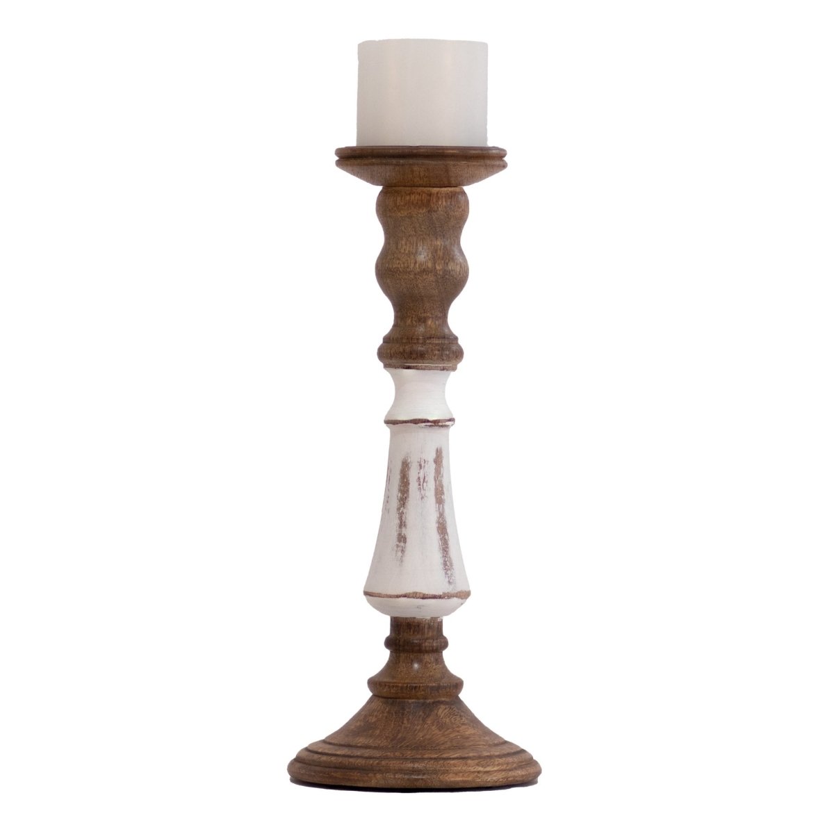 Kezevel Wooden Candle Stand - Vintage White & Brown Mango Wood Candle Holders for Home Decoration, Pillar Candle Holder
