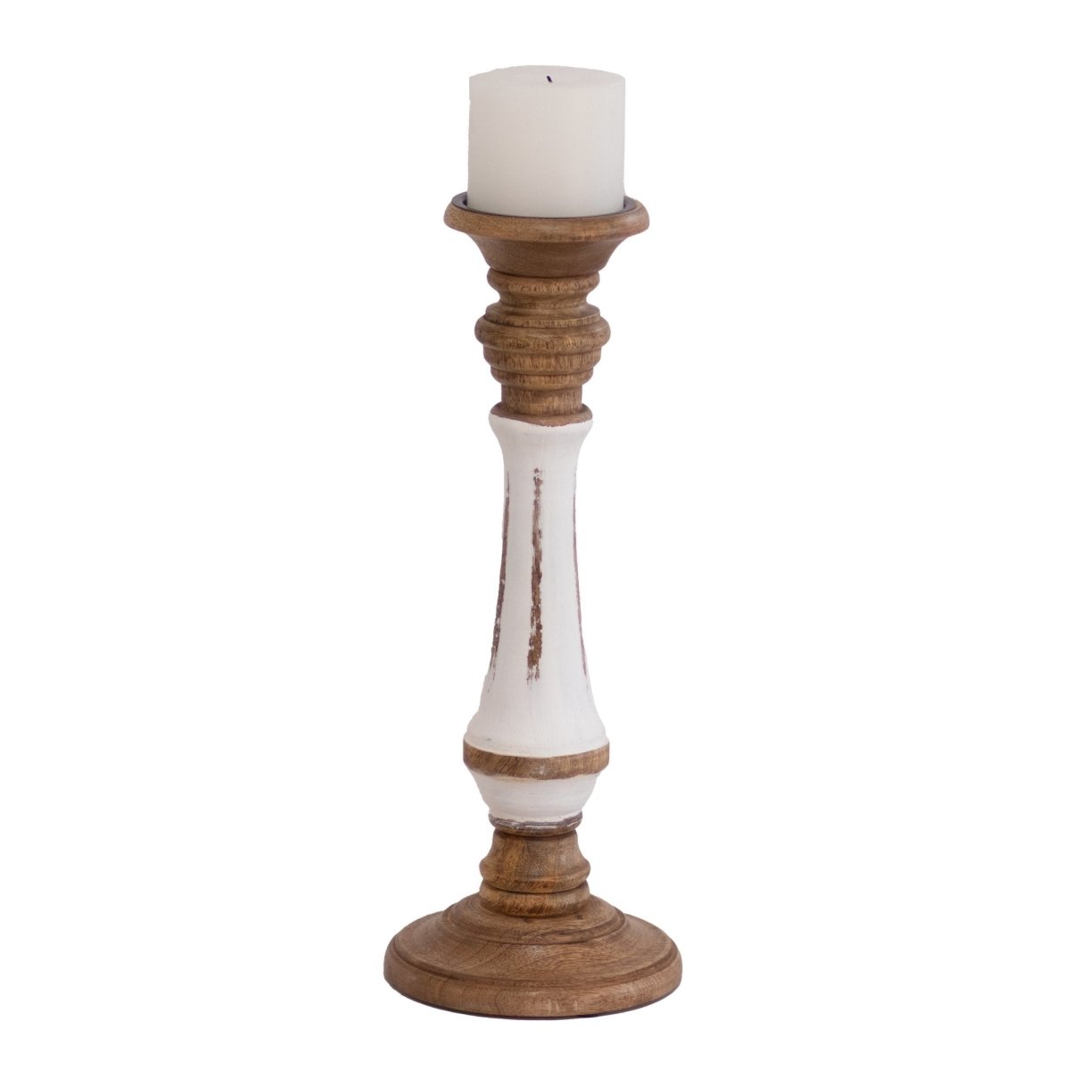 Kezevel Wooden Candle Stand - Vintage White & Brown Mango Wood Candle Holders for Home Decoration, Pillar Candle Holder