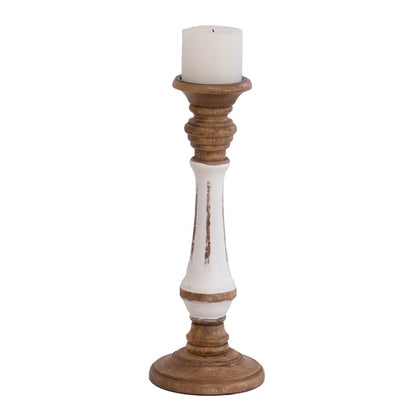 Kezevel Wooden Candle Stand - Vintage White & Brown Mango Wood Candle Holders for Home Decoration, Pillar Candle Holder