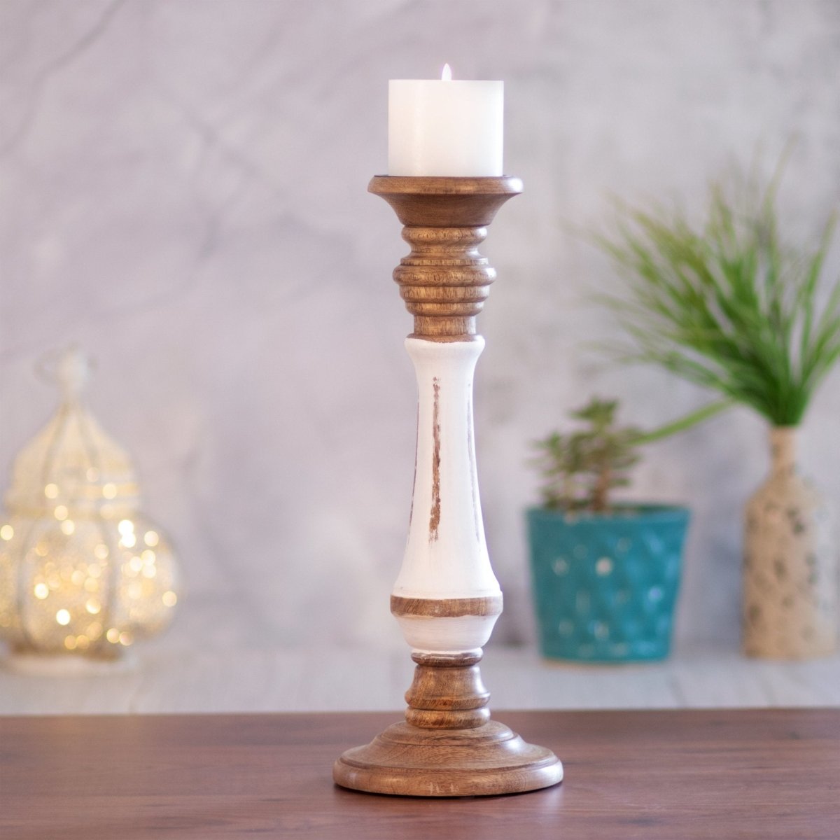 Kezevel Wooden Candle Stand - Vintage White & Brown Mango Wood Candle Holders for Home Decoration, Pillar Candle Holder