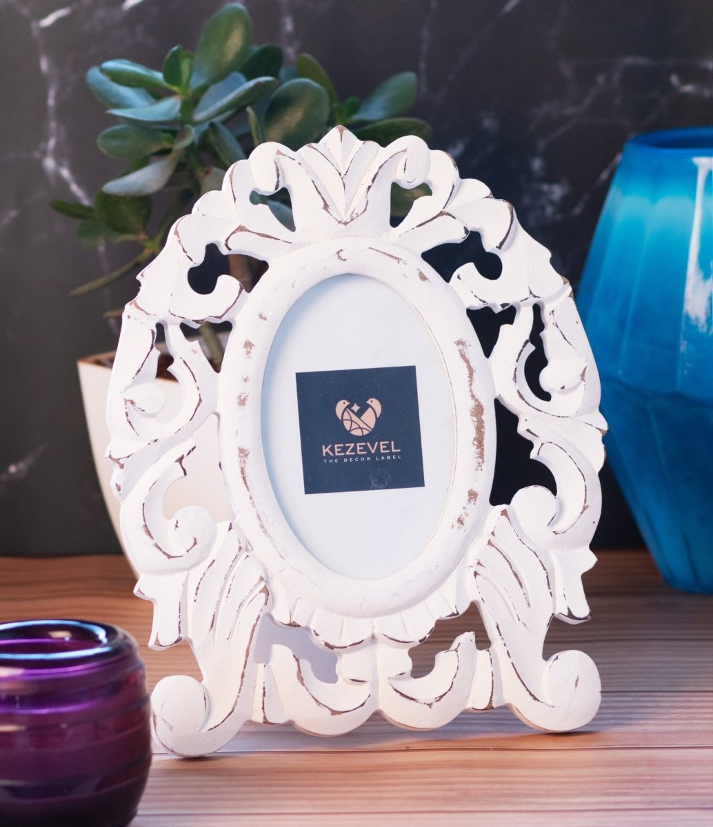 Kezevel Wooden Carved Photo Frames - Oval Photo Frame in Antique White Finish for Picture Size 4X6 inch, Picture Frame