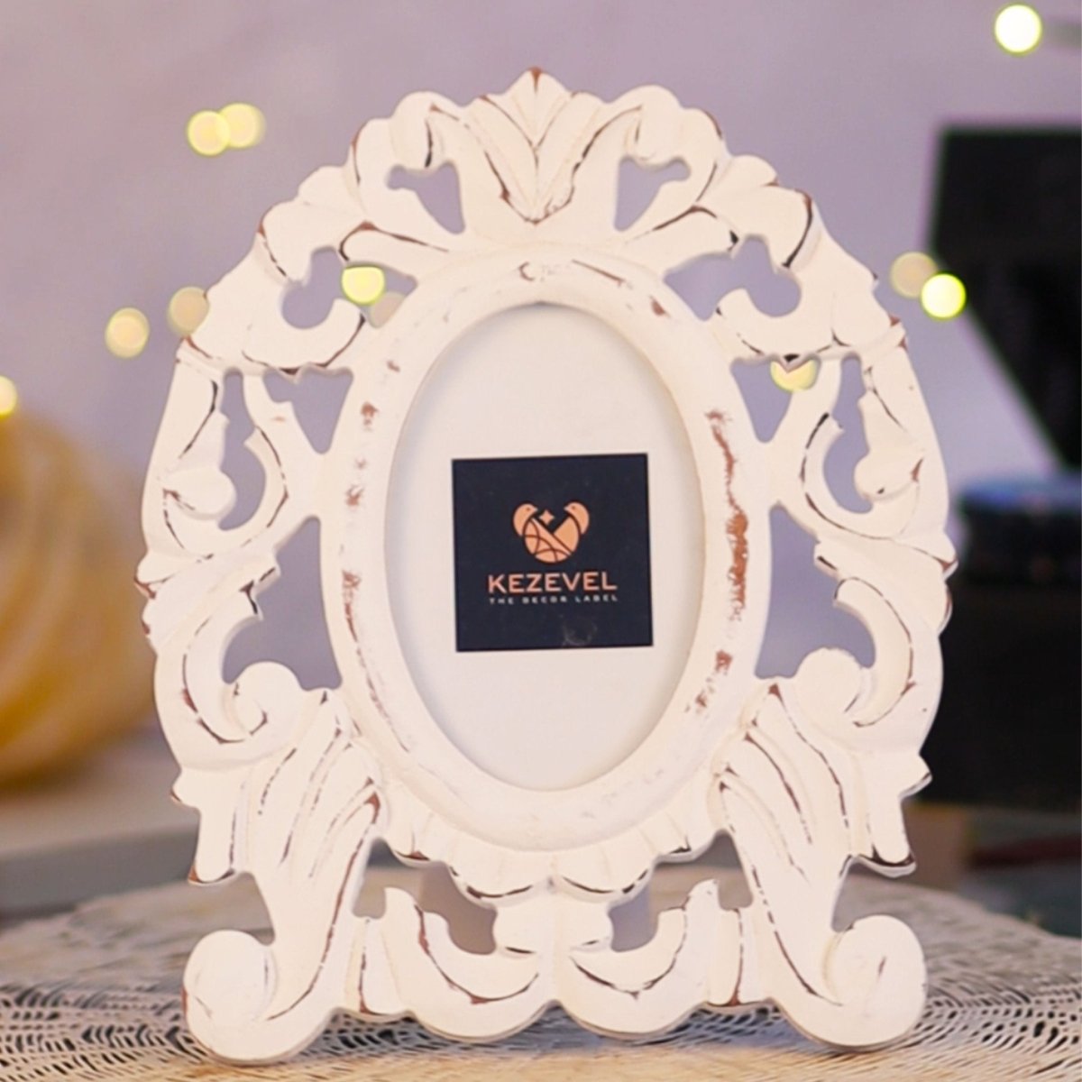 Kezevel Wooden Carved Photo Frames - Oval Photo Frame in Antique White Finish for Picture Size 4X6 inch, Picture Frame