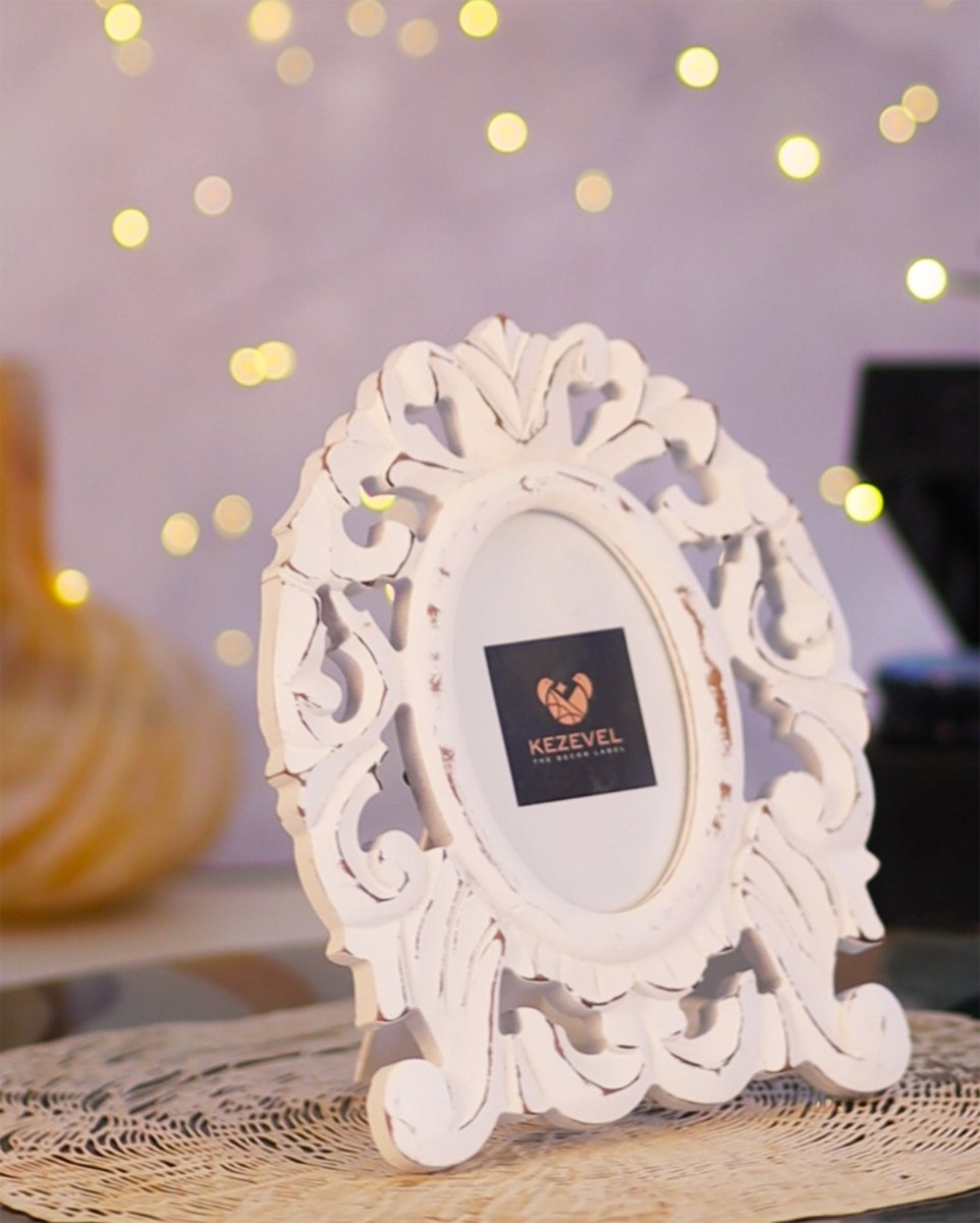 Kezevel Wooden Carved Photo Frames - Oval Photo Frame in Antique White Finish for Picture Size 4X6 inch, Picture Frame