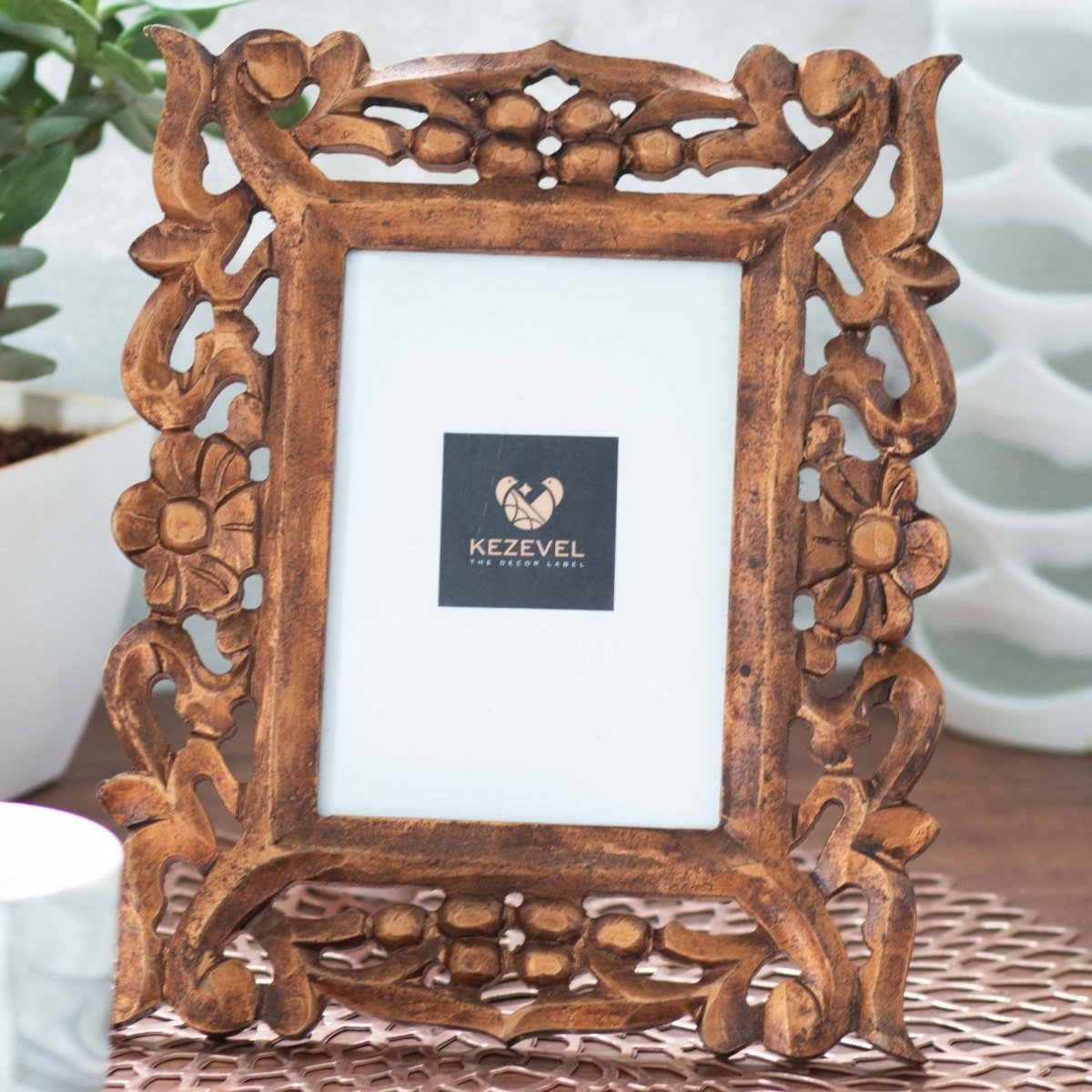 Kezevel Wooden Carved Photo Frames - Artistic Rectangle Photo Frame in Bronze Finish for Picture Size 5X7 inch, Picture Frame