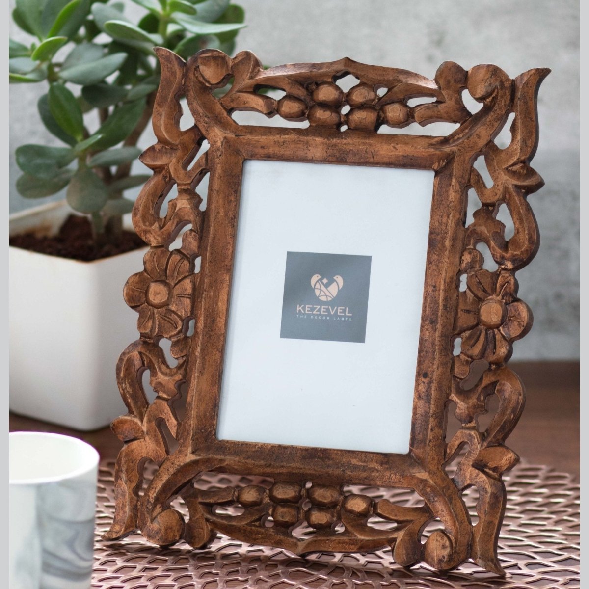 Kezevel Wooden Carved Photo Frames - Artistic Rectangle Photo Frame in Bronze Finish for Picture Size 5X7 inch, Picture Frame