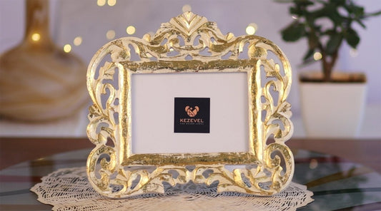 Kezevel Wooden Carved Photo Frames - Rectangle Photo Frame in White & Gold Finish for Picture Size 7X5 inch, Picture Frame