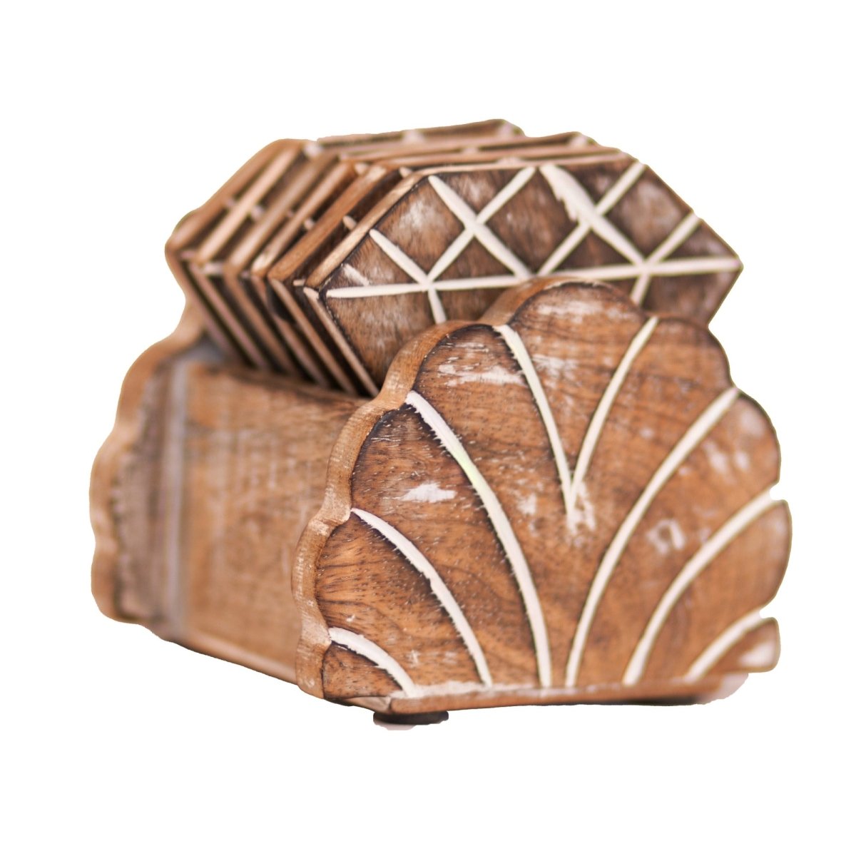 Kezevel Wooden Coasters Mango Wood- Artistically Handcrafted Diamond Design - Set of 6 with Holder - Coaster Plate