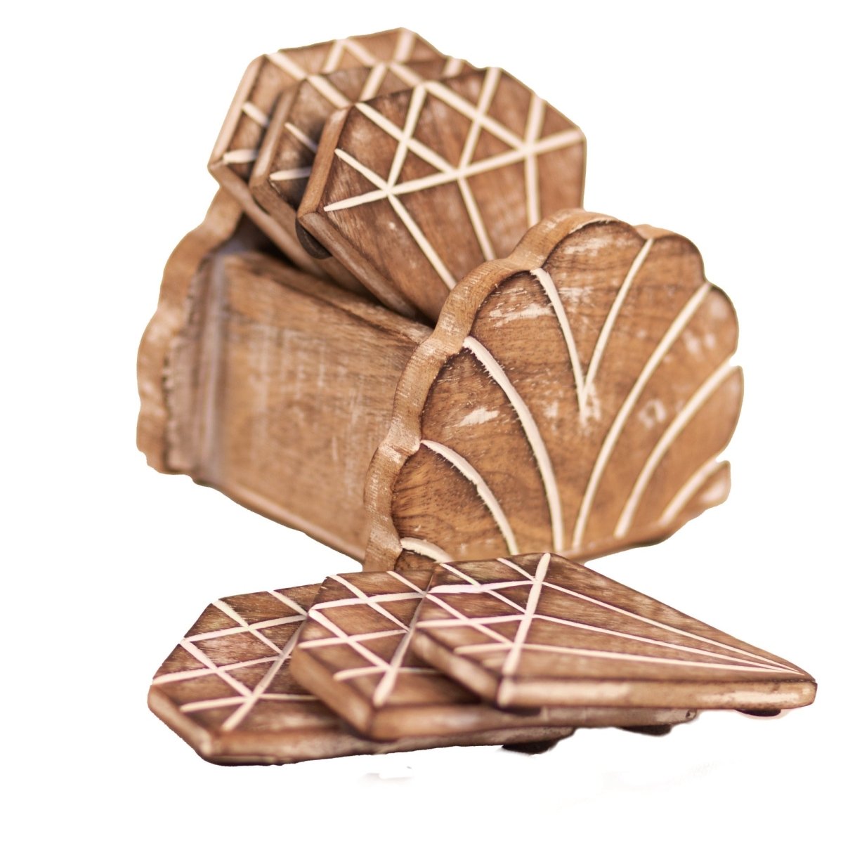 Kezevel Wooden Coasters Mango Wood- Artistically Handcrafted Diamond Design - Set of 6 with Holder - Coaster Plate