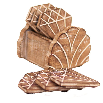 Kezevel Wooden Coasters Mango Wood- Artistically Handcrafted Diamond Design - Set of 6 with Holder - Coaster Plate