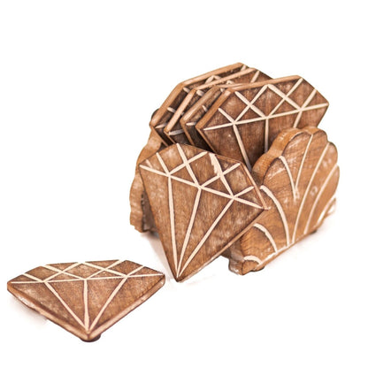 Kezevel Wooden Coasters Mango Wood- Artistically Handcrafted Diamond Design - Set of 6 with Holder - Coaster Plate