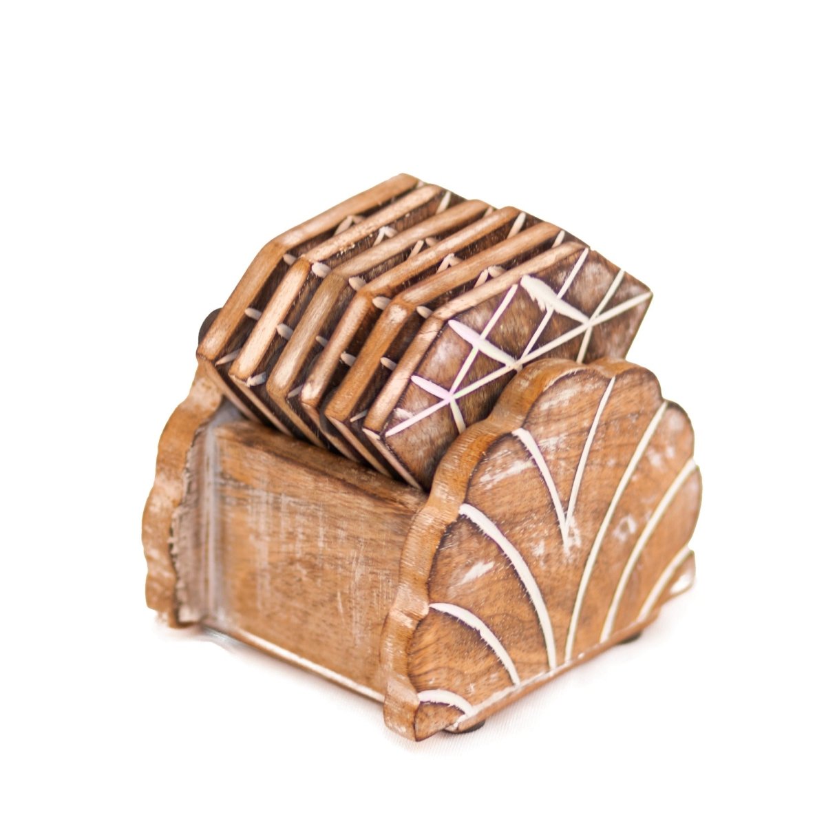 Kezevel Wooden Coasters Mango Wood- Artistically Handcrafted Diamond Design - Set of 6 with Holder - Coaster Plate