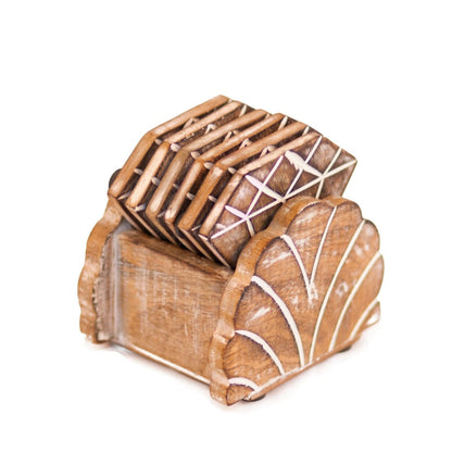 Kezevel Wooden Coasters Mango Wood- Artistically Handcrafted Diamond Design - Set of 6 with Holder - Coaster Plate
