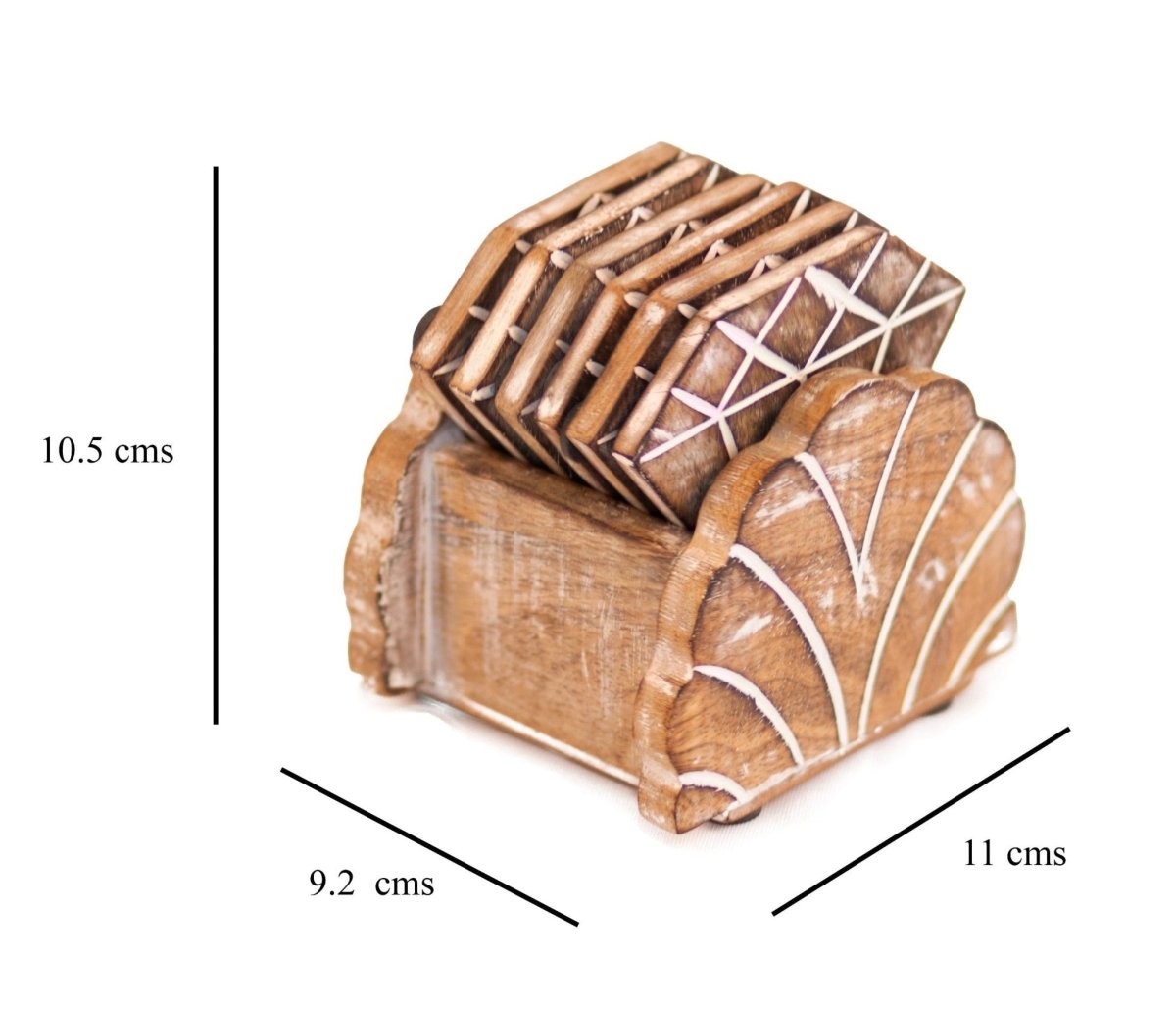 Kezevel Wooden Coasters Mango Wood- Artistically Handcrafted Diamond Design - Set of 6 with Holder - Coaster Plate